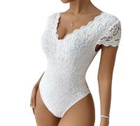 Haibang Body en Dentelle pour Femmes Body Sexy Chic Bodycon Bodysuit Manche Courte Col V Dentelle Top Moulant Haut Shirt Transparente Dos Nu Une Pièc Combinaisons Jumpsuit Élégant Lingerie Clubwear