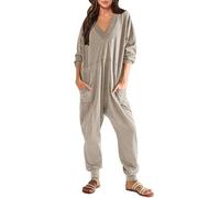 Haibang Combinaison Décontractée à Manches Longues pour Femme Col en V Romper Loose Fit Lounge Une Pièce Jumpsuit Grande Taille Combinaison Baggy Pyjama Ample