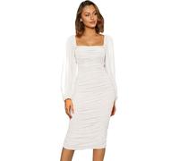 Haibang Robe de Soiree Femme Sexy Robe Moulante en Maille à Manches Longues et Col Carré Mini Robes Courtes Élégante Robe pour Cocktail Party Fête Club Bal Mariage Soirée