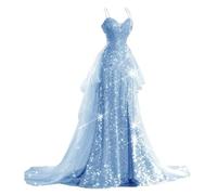 HAIBFJIN Robe de bal à paillettes à bretelles spaghetti - Robe de soirée en tulle - Robe de soirée longue - Robe de sirène - Robe de cérémonie d'adolescence, Bleu ciel, 32