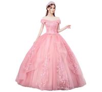 HAIBFJIN Robe de bal longue Quinceanera en tulle, robe de princesse avec épaules dénudées, robe de mariage avec application en dentelle pour bal de fin d'études, Rose, 52