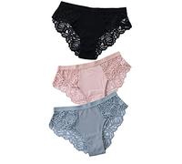 HAIBI Femme Culotte Slips 3 Pcs Dames Culotte en Coton Sexy Dentelle Slip Lingerie Femme Floral Respirant Doux Slip, Blackpinkblue, L