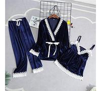 HAIBI Peignoir Femme Robe De Chambre Dames Velours Longue Robe Robe Sexy 3 Pièces Chemise De Nuit Décontracté Printemps Automne Kimono Peignoir Spa Chemise De Nuit, Bleu Marine, XL