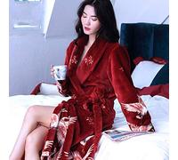 HAIBI Peignoir Femme Rouge Rétro Flanelle Coral Fleece Dames Chaud Full Sleeve Robe De Bain Kimono Robe De Chambre Kimono, L(165Cm)