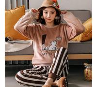 HAIBI Pyjama Femme Hiver，Polaire Pyjama Filles Lounge Wear Hiver Épais Chaud Pyjama en Flanelle Ensemble Bande Dessinée À Rayures Pyjamas Homewear Vêtements De Nuit Femme Maison Vêtements, XX, Grand