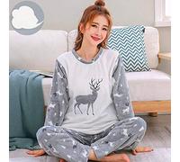 HAIBI Pyjama Femme Hiver，Polaire Pyjama Flanelle Filles Vêtements De Nuit Chauds Pyjamas Ensemble De Pyjama Imprimé Élan Pull Corail Polaire Maison Costumes, Grand