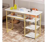 Haibinsuo Bureau à ongles, table de manucure, texture marbrée, cadre en métal, bureau technique avec pieds antidérapants et étagères multiples pour salon de beauté, spa, blanc