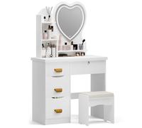 Haibinsuo Bureau de vanité Maquillage, Table Maquillage Chambre à Coucher Coiffeuse Filles Ensemble avec Miroir en Forme Coeur 3 lumières LED 4 tiroirs d'ouverture Tabouret pour la Femme UE
