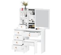 Haibinsuo Coiffeuse avec miroir coulissant, tabouret rembourré avec 5 tiroirs et ensemble de coiffeuse réglable pour chambre à coucher plus rapide