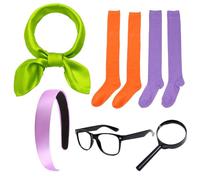 HAICN Costume d'Halloween 6 pièces avec bandeau large en satin violet, écharpe verte, chaussettes de compression orange et violettes, loupe, lunettes Nerd pour fête cosplay