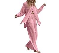 HaicoM Ensemble de pyjama 2 pièces pour femme - Couleur unie - Chemisier et pantalon long - Grande taille - Chemise unie - Pantalon taille haute - Manches longues, rose, 5XL