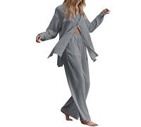 HaicoM Ensemble de pyjama 2 pièces pour femme - Couleur unie - Chemisier et pantalon long - Grande taille - Chemise unie - Pantalon taille haute - Manches longues, gris, 4XL