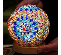 HAIDOLIANG Lampe de table turque (D : 11,9 cm x H : 13,2 cm), lampes en verre mosaïque avec base en bois, lampes de chevet de style bohème Tiffany, alimentation USB, lanterne marocaine pour décoration