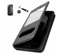 Haier Phone W627 super PACK premuim Etui fenêtres Housse Coque Folio noir PU + mini stylet screen touch + verre trempé Dureté 9H, Ultra-mince 0.20 mm Anti-rayures Anti-traces haute-réponse haute transparence by PH26®