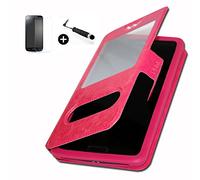 Haier Phone W826 super PACK premuim Etui fenêtres Housse Coque Folio rouge PU + mini stylet screen touch + verre trempé Dureté 9H, Ultra-mince 0.20 mm Anti-rayures Anti-traces haute-réponse haute transparence by PH26®