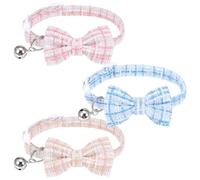 HaiFafafaing Lot de 3 colliers pour chat avec nœud papillon amovible double couche et clochette, réglables pour tour de cou de 20 à 27 cm, colliers de sécurité pour chaton garçon et fille, bleu, rose
