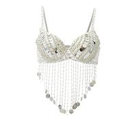 Hailong Ming Soutien-Gorge de Danse Orientale Femme à Franges Perlées Brassière à Sequins Pailletés Haut de Latine Élégant Vêtement de Scène en Polyester, Argent, comme décrit