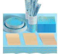 hailstones Anniversaire Vaisselle de fete 226 Pièces Bleu Clair Party Assiette Anniversaire Set Comprendre Assiette Jetables Papier Tasses Serviettesr pour Party Decoration Baby Shower -25 Invités