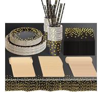 hailstones Anniversaire Vaisselle de fete 226 Pièces Noir Or Party Assiette Anniversaire Set Comprendre Assiette Jetables Papier Tasses Serviettesr pour Party Decoration Baby Shower -25 Invités