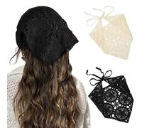 HAIMEIKANG Lot de 2 bandanas à cheveux floraux au crochet pour femme - Style vintage - Pour filles (noir + beige)