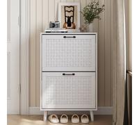 HAINEW Armoire à chaussures avec 2 abattants en rotin, meuble à chaussures, étroit, avec pieds en bois massif, pour couloir, chambre à coucher, 60 x 24,1 x 94 cm, blanc