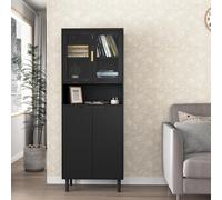 HAINEW Armoire haute multi-usages avec 2 portes en verre et 2 portes en bois - Bibliothèque - Armoire de rangement avec espace de rangement ouvert - Pour cuisine, salon, chambre à coucher - Noir