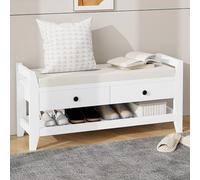 HAINEW Banc à chaussures avec assise, banc de rangement, rembourré à chaussures, avec 2 tiroirs et étagère de rangement ouverte, pour salon, couloir, 101 × 35 × 50 cm, blanc