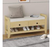 HAINEW Banc à chaussures avec assise, banc de rangement, rembourré avec 2 tiroirs et étagère de rangement ouverte, banc de rangement pour salon, couloir, 101 × 35 × 50 cm, naturel