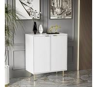 HAINEW Buffet moderne avec 2 portes, commode de cuisine laquée motif floral avec pieds et poignées dorés, 3 étages et 6 compartiments, pour chambre à coucher, salon, blanc