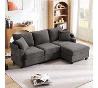 HAINEW Canapé d'angle moderne 3 places en forme de L pour salon, appartement, 213,5 × 139 x 87 cm, en velours côtelé, avec repose-pieds amovible et porte-gobelet, repose-accoudoirs (gris foncé)
