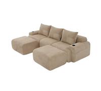 HAINEW Canapé modulaire moderne en velours côtelé avec porte-gobelet et poches latérales, à combiner, sans montage, canapé d'angle comprimé, en forme de L/U, 2 à 4 places, kaki