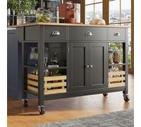 HAINEW Desserte de cuisine sur roulettes avec plan de travail extensible et panier de rangement, îlot de cuisine, armoire de cuisine, chariot de service avec 2 portes et 3 tiroirs pour cuisine, 120 x