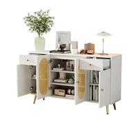 HAINEW HD26012603 Commode avec 4 portes et 2 tiroirs, armoire d'appoint, armoire de rangement, avec 2 portes en rotin et pieds dorés, 140 x 35 x 82 cm, blanche