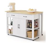 HAINEW HD26012611 Desserte de cuisine sur roulettes avec plan de travail extensible et étagères de rangement ouvertes, îlot de cuisine avec 2 tiroirs et 2 portes, meuble de cuisine avec étagère de