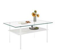 HAINEW HD26072001 Table basse rectangulaire en verre avec plateau en verre et espace de rangement, table d'appoint à double niveau, avec pieds en métal, 98 x 58 x 45 cm, blanc