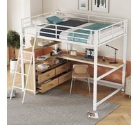 HAINEW Lit mezzanine, 140 x 200 cm, avec bureau en forme de L, bureau et tiroirs, en métal, avec étagère de rangement, sommier à lattes et protection anti-chute, pour garçon ou fille, blanc