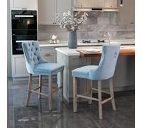 HAINEW Lot de 2 tabourets de bar avec agrafage à boutons et pieds en bois - En velours - Avec tête à clous chromée - Pour cuisine, salon, salle à manger - 50 x 60 x 103 cm - Bleu clair