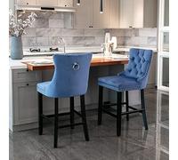 HAINEW Lot de 2 tabourets de bar avec agrafage à boutons et pieds en bois - En velours - Avec tête à clous chromée - Pour cuisine, salon, salle à manger - 50 x 60 x 103 cm - Bleu