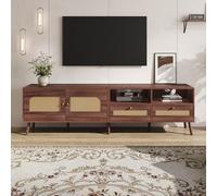 HAINEW Meuble TV bas avec 2 portes en rotin et 2 tiroirs en rotin, avec 2 compartiments ouverts, pour salon, chambre à coucher, marron, 200 x 37 x 49,5 cm