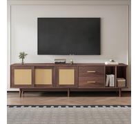 HAINEW Meuble TV bas avec 3 portes en rotin et 2 tiroirs - Avec 2 compartiments de rangement ouverts - Pour salon, chambre à coucher - Marron - 190 x 40 x 52 cm