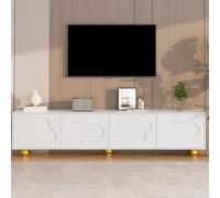 HAINEW Meuble TV bas avec 4 portes à motif sculpté irrégulier - Support TV avec pieds sphériques dorés - Pour salon, chambre à coucher - 180 x 40 x 45 cm - Blanc