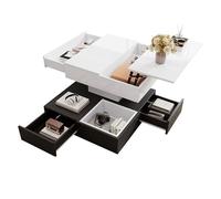 HAINEW Table basse carrée avec plateau réglable en hauteur et rotatif à 360°, haute brillance, avec 3 tiroirs, pour salon, chambre à coucher, 70 x 70 x 40 cm, blanc + noir