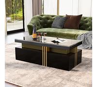 HAINEW Table basse moderne avec plateau à motifs en PVC et 2 tiroirs en bois, table de salon rectangulaire, table d'appoint pour salon, 100 × 50 × 40 cm (Noir-New)