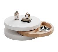 HAINEW Table basse ronde avec plateau de table rotatif et espace de rangement caché, table d'appoint, table basse pour salon, chambre à coucher, 60 × 60 × 35 cm, blanc + naturel