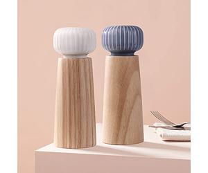 HAIPUSEN Moulin à Sel et à Poivre en Bois et en Céramique - Moulin à Épices en Forme de Poivrière Avec Moulin Réglable, 17.5cm (Avce Plateau)