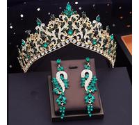 Hair Jewelry Crown Tiaras For Women Colors Gold Colon Bridal Wedding avec boucles d'oreilles Bride Diadem Princess Tiaras and Crowns Bijoux Accessoires de cheveux (Couleur: Green Set)