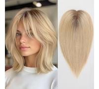 HAIRCUBE femmes gel capillaire tops cheveux épais avec frange gris cheveux, 4,5 * 5 pouces dentelle suisse cravate à la main tops 14 pouces (Ombre d'or clair)