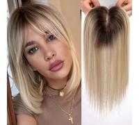 HAIRCUBE femmes gel capillaire tops cheveux épais avec frange gris cheveux, 4,5 * 5 pouces dentelle suisse cravate à la main tops 14 pouces (Ombre dorée avec faible luminosité)