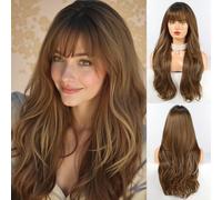 HAIRCUBE Long Ombre Brown avec Perruque Highlight avec Bangs Perruques bou s en couches pour femmes Perruques synthétiques naturelles pour un usage quotidien (pelucas de cabello natural)