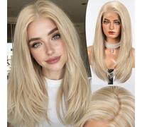 HAIRCUBE Perruque en dentelle HD sans colle de 33 x 15 cm avec mèches blondes - Cheveux synthétiques superposés de 61 cm de long, densité naturelle, perruque de type humain pour femme